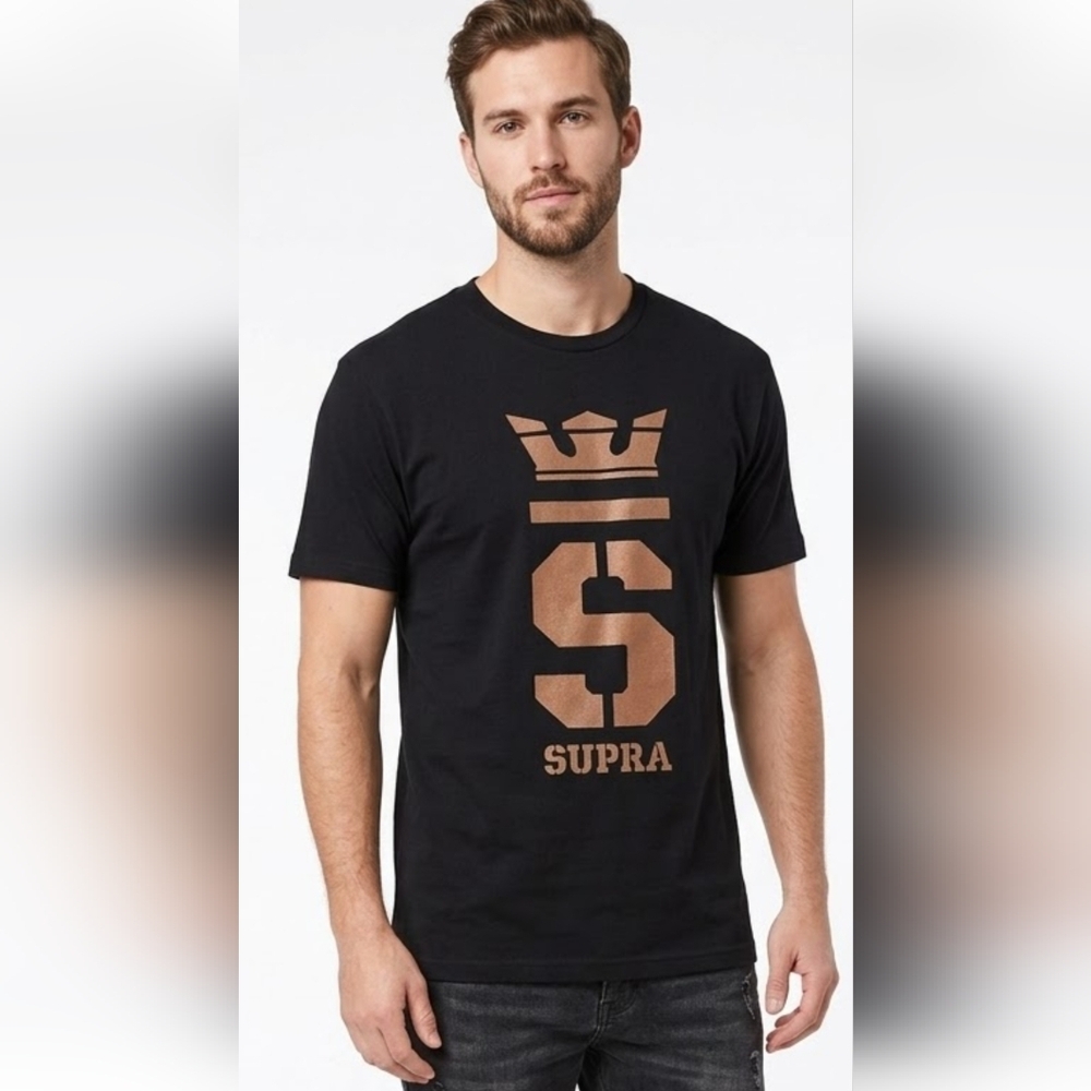 Supra Black Tee with Bronze Logo Graphic Mens Sz M.